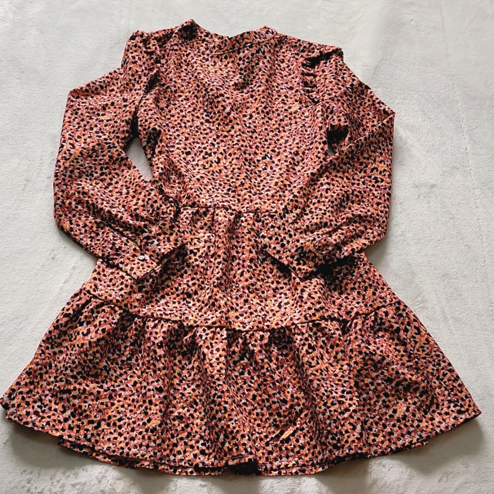 📻 NWOT! BROWN TAN BLACK MAUVE ORANGE YELLOW RUFFLE LONG SLEEVE HIGH NECK DRESS